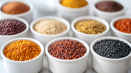 A close-up of an array of colorful lentils and beans, each grain highlighting its unique color and texture on a white porcelain surface.