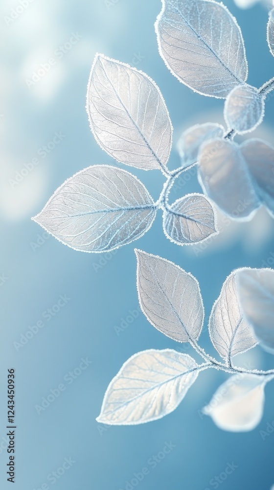 Aufkleber silver leaves with frosted edges gently glimmering against a soft blue background in a tranquil sett