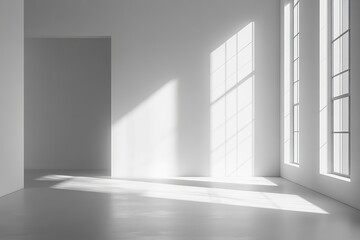 Grey floor and wall in room with sun rays through the window