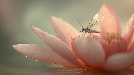 Insect on Pink Water Lily, Calm Pond, Sunrise