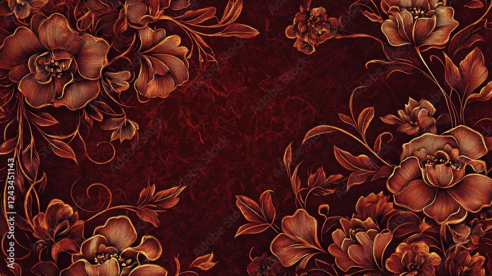 Poster Elegant bronze floral patterns adorned on a deep red background create a rich artistic tapestry