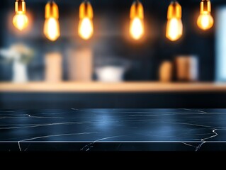 A beautifully lit kitchen countertop with modern pendant lights creating a warm, inviting atmosphere. Ideal for showcasing culinary creations or home cooking inspirations.