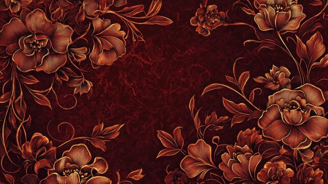 Elegant bronze floral patterns adorned on a deep red background create a rich artistic tapestry