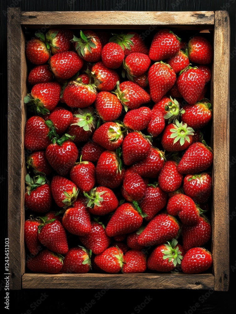 Poster Close-up view of a rustic wooden crate overflowing with fresh, vibrant strawberries harvested from local fields
