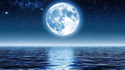 Full moon over calm ocean at night, starry sky background; ideal for serenity, dreams, travel