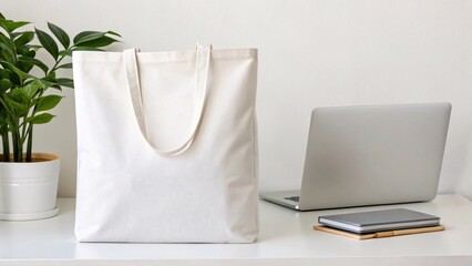 White cotton tote bag positioned next to an open laptop showcasing a versatile tote bag mockup ideal for branding and marketing presentations.