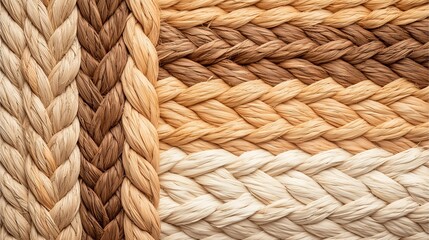 A close-up of braided textures in various shades of brown and cream, showcasing the intricate patterns and natural fibers used in the material.