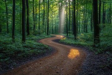 Fototapeta premium Sunlit Path Winding Through Lush Green Forest