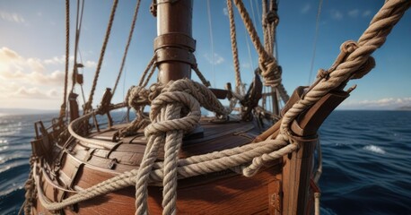 Obraz premium The bow of a ship with a tangled hawser and ropes hanging limply from the rigging, sea weathered wood, ocean waves, fishing nets on deck