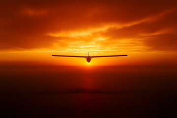 Glider Soaring Towards Sunset Over Ocean