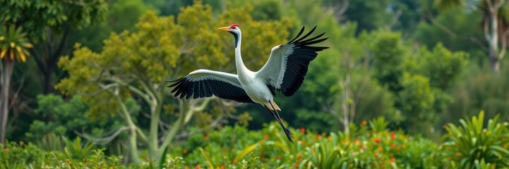 Fototapeta premium The crane's wings spread wide as it rises into the air amidst the lush greenery and vibrant colors of the natural surroundings, water, wildlife