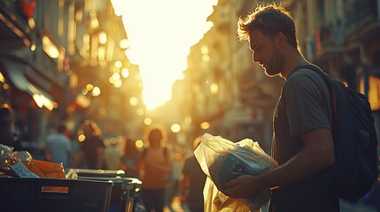 Man carrying groceries, sunset city street, crowd background, travel blog