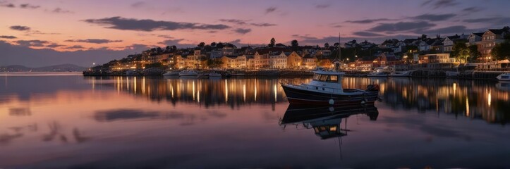 Obraz premium The harbor at dusk, with a lone boat lit up by the reflection of a streetlight across the water, gentle, boat, harbor
