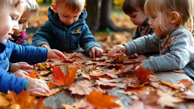 Autumn exploration: children discovering vibrant leaves in a park setting