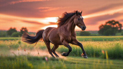 Majestic Brown Horse Galloping Freely Across a Meadow at Sunset Breathtaking
