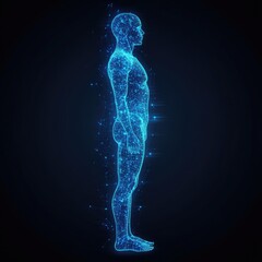 a technical wireframe render of a full human body,facing the camera, on black Background