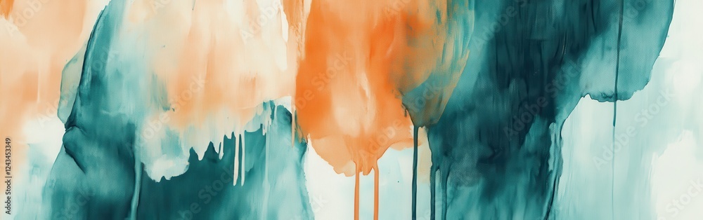 Poster abstract pencil strokes form a vibrant composition of orange and teal colors blending in a fluid art
