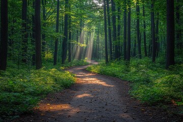 Fototapeta premium Sunlit Path Through Lush Green Forest Trees
