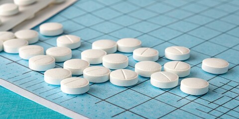 White pills scattered on a blue surface with a subtle grid pattern in the background, white medication, pharmaceuticals, blue pills, grid pattern