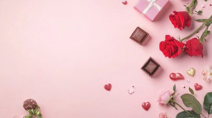 A Luxurious Dark Chocolate Bar, Adorned with an Array of Heart-Shaped Chocolates, Elegantly Placed Amidst a Romantic Setting of Crimson Roses and Delicate Greenery, Evoking a Sense of Affection and In