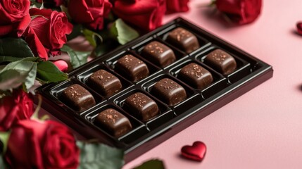 A Luxurious Dark Chocolate Bar, Adorned with an Array of Heart-Shaped Chocolates, Elegantly Placed Amidst a Romantic Setting of Crimson Roses and Delicate Greenery, Evoking a Sense of Affection and In