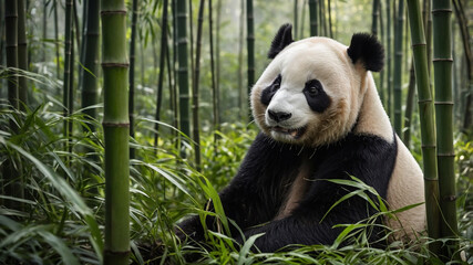 Giant panda resting amongst bamboo stalks in a lush green forest