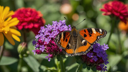 Painted Lady Butterfly Enjoying a Sunny Day on Colorful Verbena Flowers