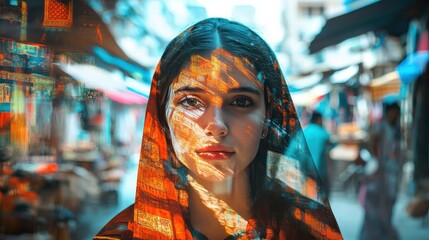 Obraz premium Vibrant visualization of a glowing woman in a bustling market captured during the day