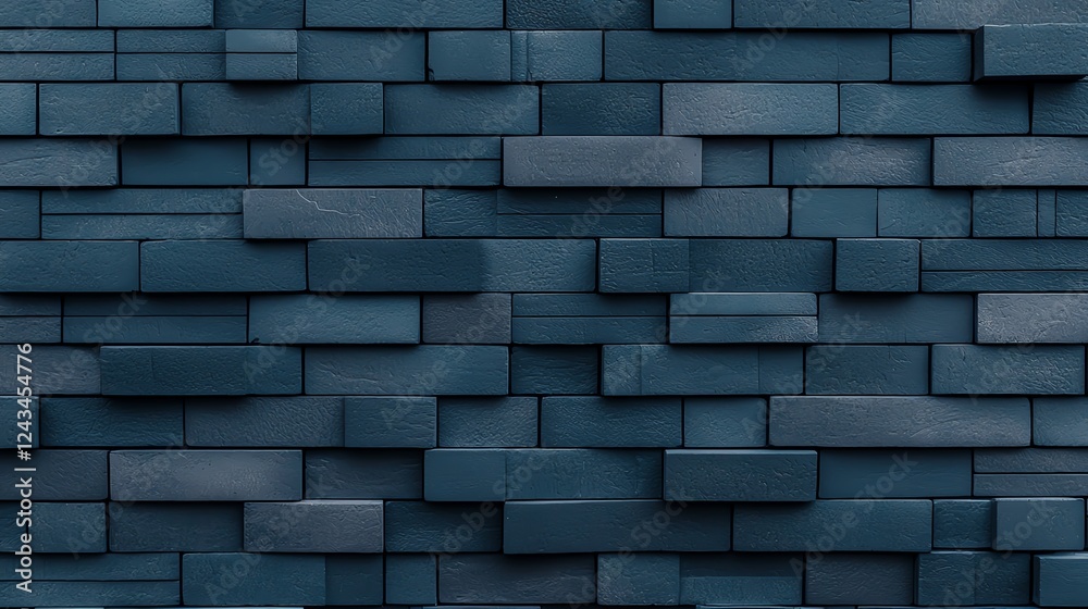 Poster a close-up view of a modern textured wall featuring a blend of dark blue bricks arranged in varying 