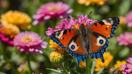 Elegant Peacock Butterfly Sipping Nectar from Vibrant Zinnia Flowers