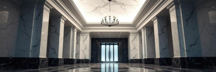 Fototapeta premium Wide entrance hallway with high ceiling and marble floor, marble floor, high ceiling, shopping area