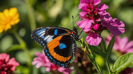 Colorful Butterfly Sipping Nectar From Vibrant Pink Flowers in a Lush Garden