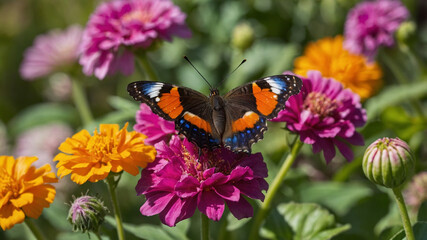 Monarch Butterfly on Vibrant Zinnia Flowers in a Summer Garden Scene