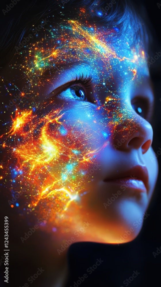 Poster child's face illuminated with vibrant cosmic colors in an artistic portrayal of imagination and wond