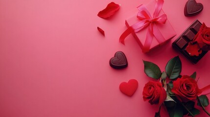 A Luxurious Dark Chocolate Bar, Adorned with an Array of Heart-Shaped Chocolates, Elegantly Placed Amidst a Romantic Setting of Crimson Roses and Delicate Greenery, Evoking a Sense of Affection and In