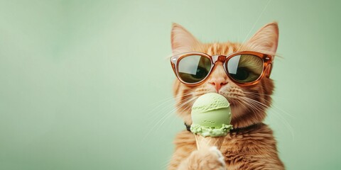 Ginger cat with a green collar, in a studio, portrait photography, background