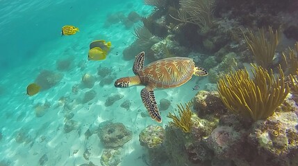 Naklejka premium Sea turtle swimming near coral reef in clear water
