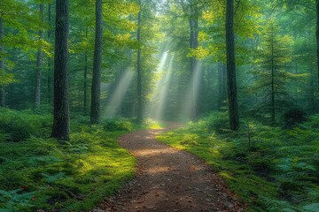 Fototapeta premium Sunbeams Illuminate A Forest Path