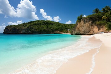 Fototapeta premium Serene Tropical Beach with Clear Water and Lush Green Landscape