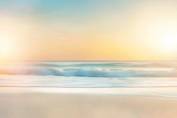 Fototapeta premium A serene beach scene at sunset, with soft waves gently lapping the shore and a single seashell resting on the sand in the foreground.