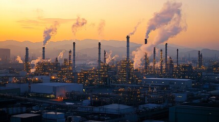 Industrial complex at sunset, emitting smoke.