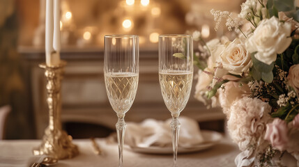 Two champagne flutes on a table, romantic decorations in the background, dim golden lighting-1