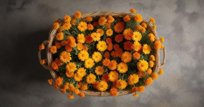 Top view of artisan wicker basket overflowing with golden marigold blossoms and charming plaid ribbon, creative, autumnal vibes