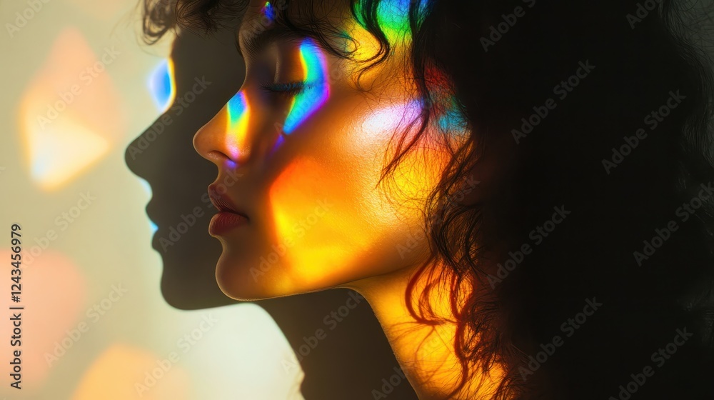Aufkleber surreal representation of a glowing woman with colorful reflections on her face in an artistic light