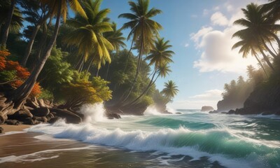 Fototapeta premium Towering trees line the shoreline and plunge dramatically into the ocean where waves crash and spray foam high into the air , blue sky, rocky formations, beach