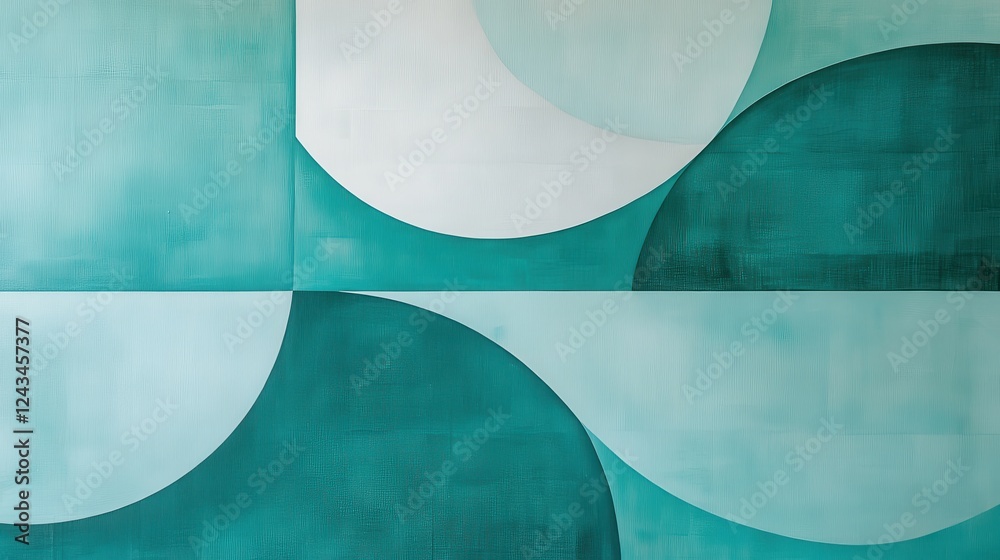 Poster soothing abstract geometric design featuring calming teal and white shapes in a modern composition