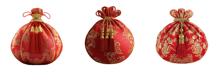 A Set of Golden Tasseled Red Fortune Money Bags with Gleaming Ornaments Isolated on Transparent Background