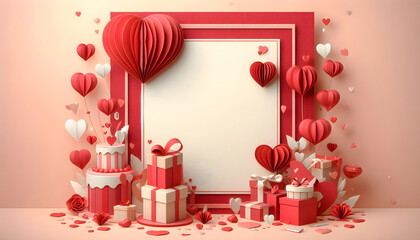 Valentine's Day frame - Greeting Card, paper craft style with copy space. .