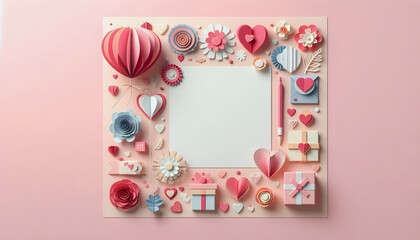 Valentine's Day frame - Greeting Card, paper craft style with copy space. .