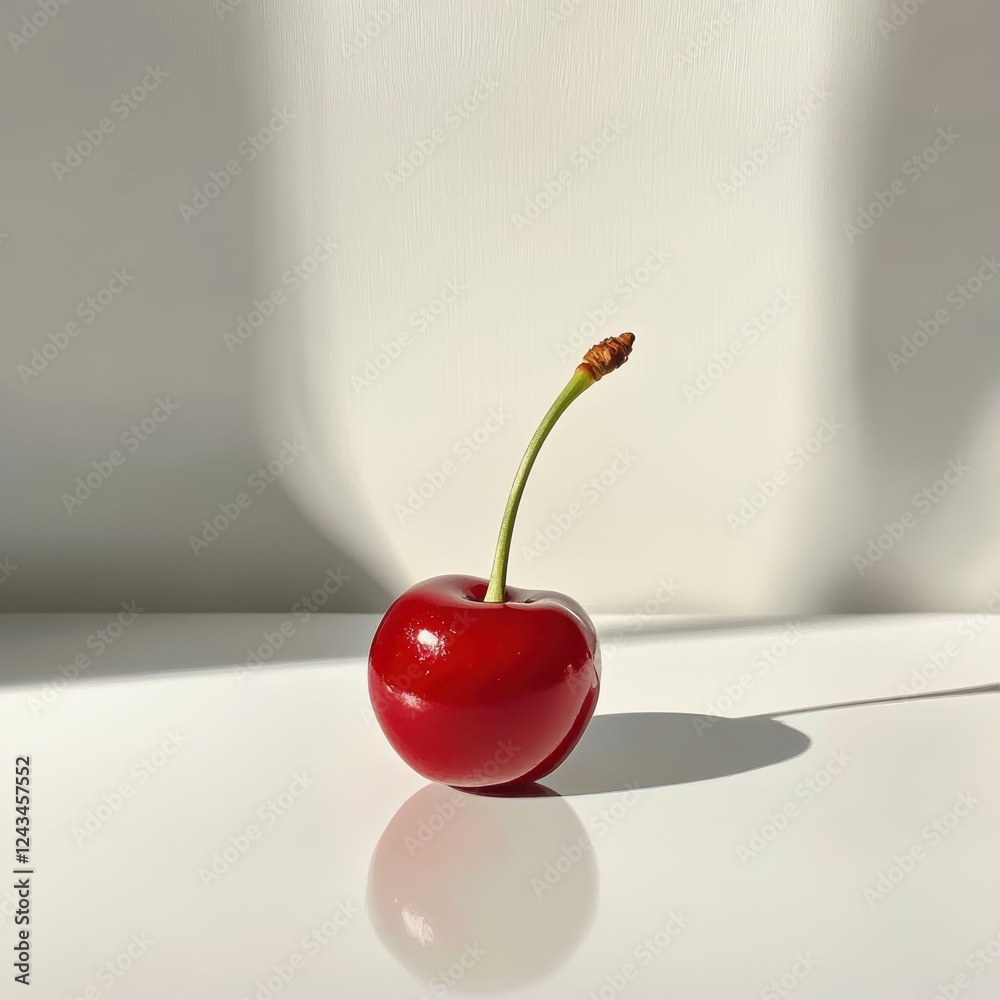 Poster bright red cherry sits gracefully on a reflective surface under natural light creating a serene and 